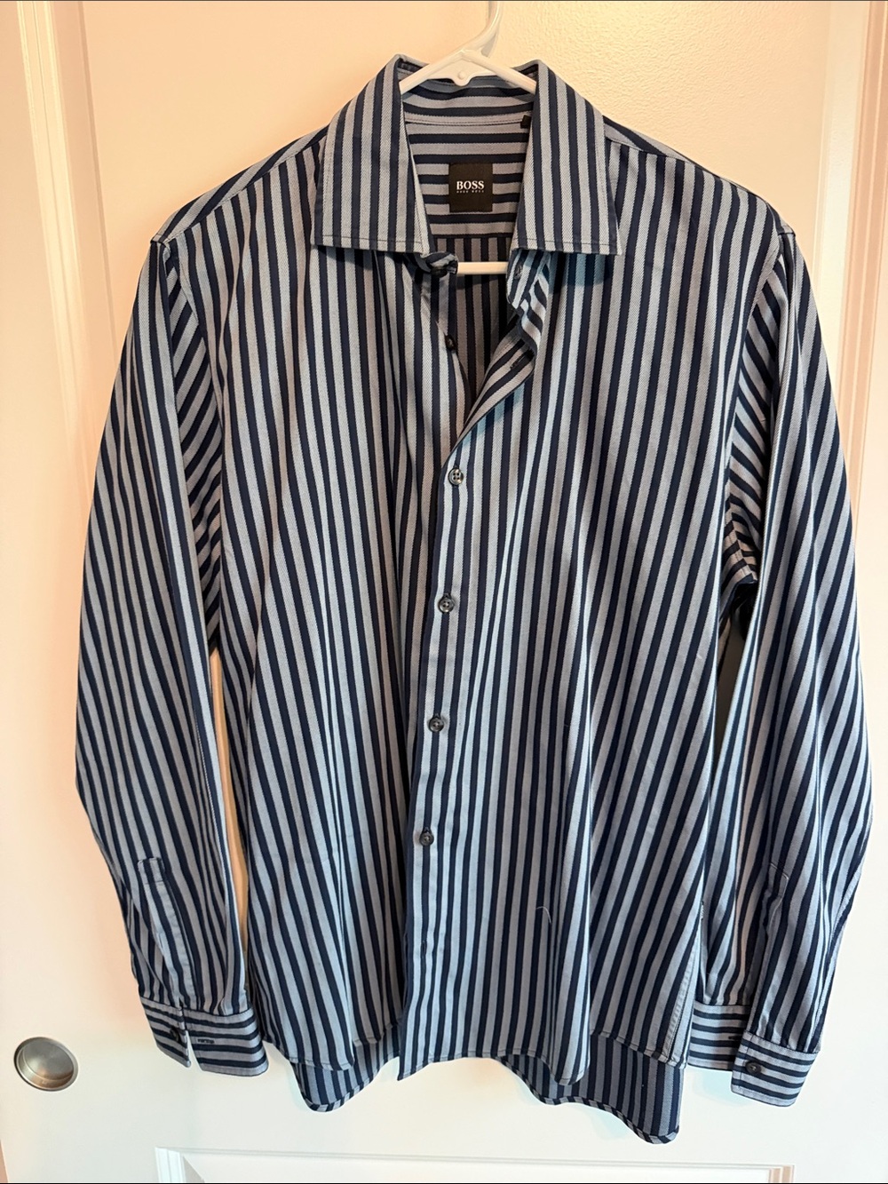 BOSS Men's Navy and Light Blue Vertical Stripe Dress Shirt